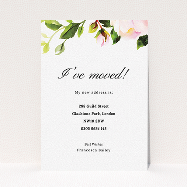 A change of address card called "Rose Top". It is an A6 card in a portrait orientation. "Rose Top" is available as a flat card, with tones of pink and green.