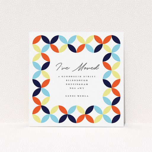 Change Of Address Card Design - "Round and Round" A change of address card design named "Round and Round". It is a square (148mm x 148mm) card in a square orientation. "Round and Round" is available as a flat card, with tones of orange, light blue and yellow.