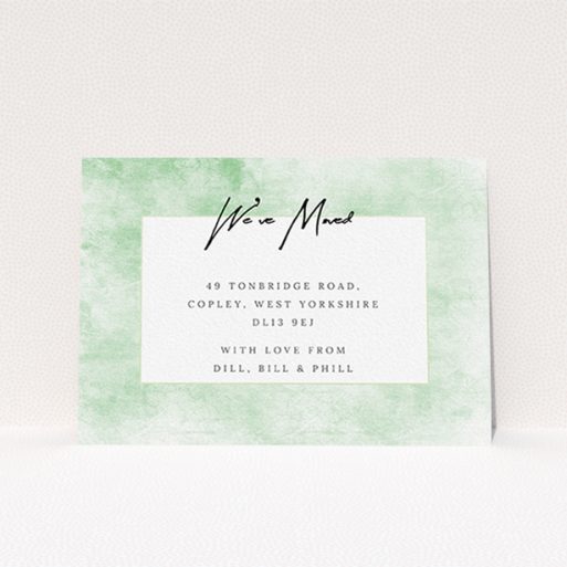 Change Of Address Card Design - "Rustic Greens" A change of address card design named "Rustic Greens". It is an A6 card in a landscape orientation. "Rustic Greens" is available as a flat card, with tones of green and white.