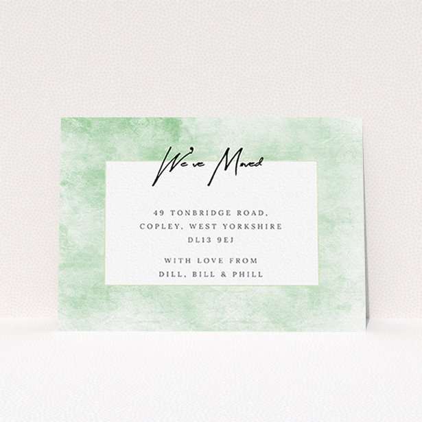 A change of address card design named "Rustic Greens". It is an A6 card in a landscape orientation. "Rustic Greens" is available as a flat card, with tones of green and white.