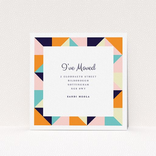 Change Of Address Card Design - "Sloane Squares" A change of address card design called "Sloane Squares". It is a square (148mm x 148mm) card in a square orientation. "Sloane Squares" is available as a flat card, with mainly orange colouring.