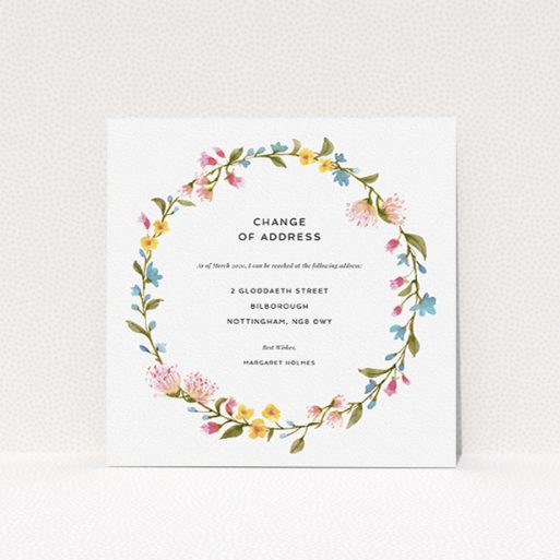 Change Of Address Card Design - "Spring Wreath" A change of address card named "Spring Wreath". It is a square (148mm x 148mm) card in a square orientation. "Spring Wreath" is available as a flat card, with mainly pink colouring.