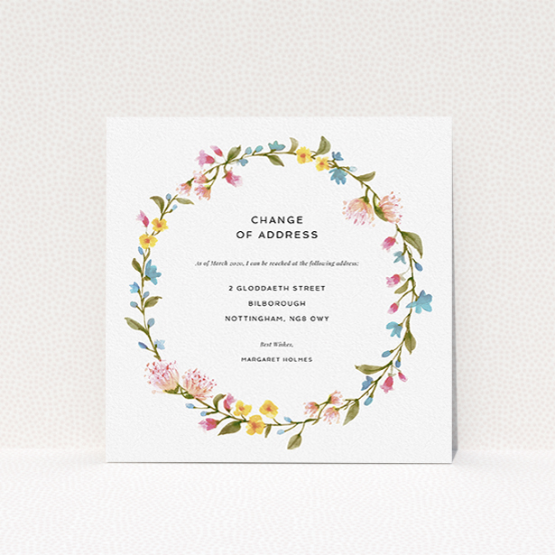 A change of address card named "Spring Wreath". It is a square (148mm x 148mm) card in a square orientation. "Spring Wreath" is available as a flat card, with mainly pink colouring.