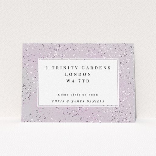 Change Of Address Card Design - "Stone Paint" A change of address card template titled "Stone Paint". It is an A6 card in a landscape orientation. "Stone Paint" is available as a flat card, with mainly purple/dark pink colouring.