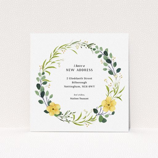 Change Of Address Card Design - "Subtle Summer" A change of address card template titled "Subtle Summer". It is a square (148mm x 148mm) card in a square orientation. "Subtle Summer" is available as a flat card, with tones of light green, dark green and yellow.