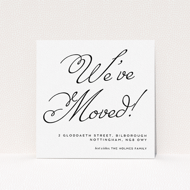 A change of address card design named "Super Script". It is a square (148mm x 148mm) card in a square orientation. "Super Script" is available as a flat card, with tones of black and white.