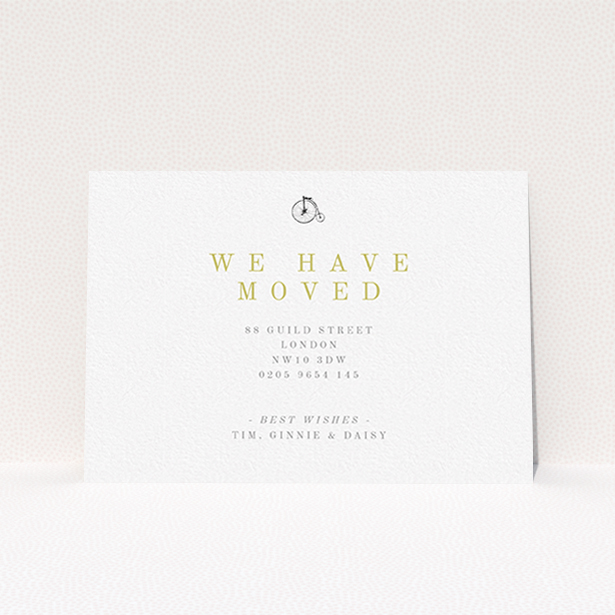 A change of address card design titled "The Victorian Move". It is an A6 card in a landscape orientation. "The Victorian Move" is available as a flat card, with tones of white and gold.