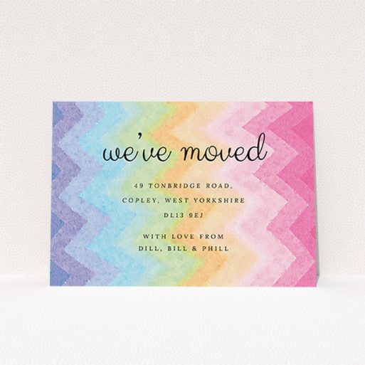 Change Of Address Card Design - "Vibrancy" A change of address card template titled "Vibrancy". It is an A6 card in a landscape orientation. "Vibrancy" is available as a flat card, with tones of pink, orange and green.