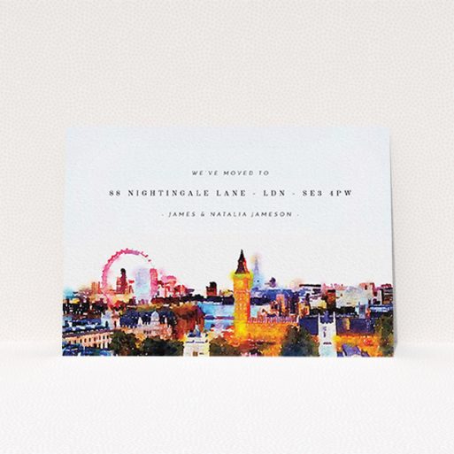 Change Of Address Card Design - "Westward London" A change of address card named "Westward London". It is an A6 card in a landscape orientation. "Westward London" is available as a flat card, with tones of faded light blue and orange.