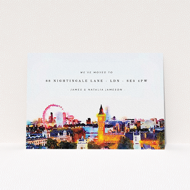 A change of address card named "Westward London". It is an A6 card in a landscape orientation. "Westward London" is available as a flat card, with tones of faded light blue and orange.