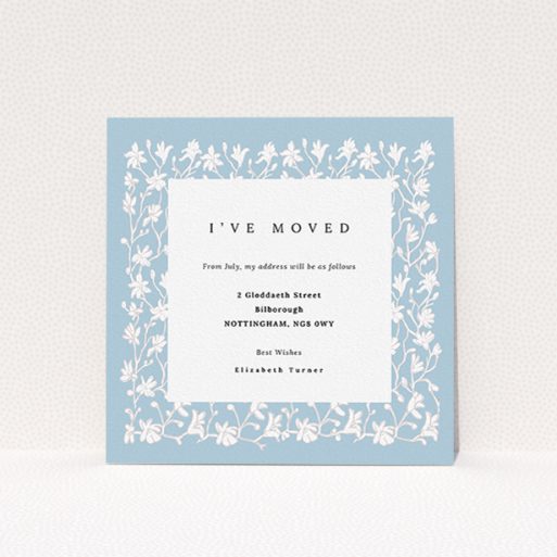 Change Of Address Card Design - "Winter Garden Wall" A change of address card template titled "Winter Garden Wall". It is a square (148mm x 148mm) card in a square orientation. "Winter Garden Wall" is available as a flat card, with tones of blue and white.