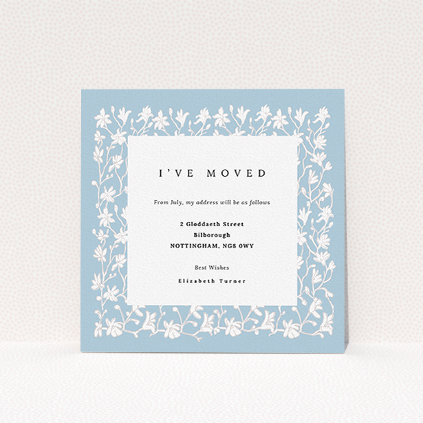 A change of address card template titled "Winter Garden Wall". It is a square (148mm x 148mm) card in a square orientation. "Winter Garden Wall" is available as a flat card, with tones of blue and white.