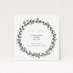 A change of address card template titled "Wreath Outline". It is a square (148mm x 148mm) card in a square orientation. "Wreath Outline" is available as a flat card, with tones of green, purple and blue.