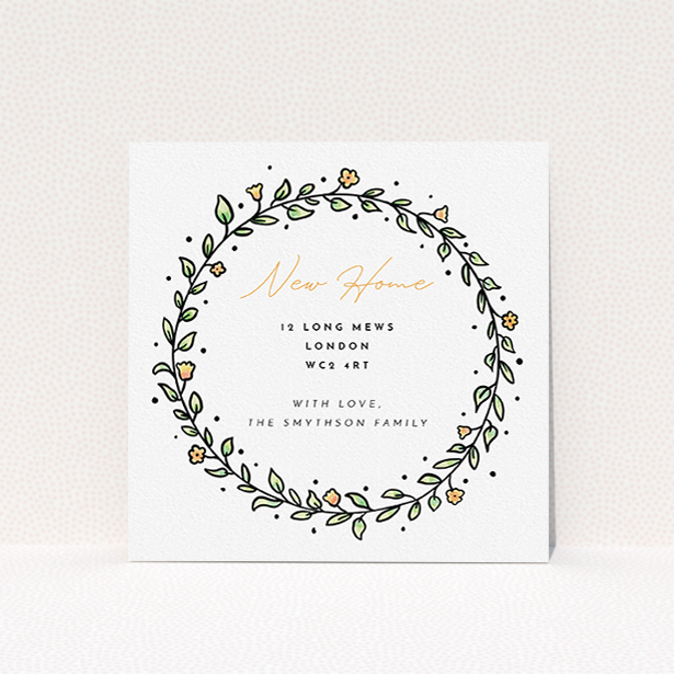 A change of address card template titled "Wreath Outline". It is a square (148mm x 148mm) card in a square orientation. "Wreath Outline" is available as a flat card, with tones of green, purple and blue.