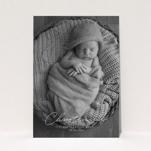 Christening Invitation Design - "Across the Photo" A christening invitation design called "Across the Photo". It is an A5 invite in a portrait orientation. It is a photographic christening invitation with room for 1 photo. "Across the Photo" is available as a flat invite, with mainly white colouring.