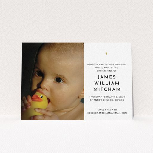 Christening Invitation Design - "Baby Cross" A christening invitation design named "Baby Cross". It is an A6 invite in a landscape orientation. It is a photographic christening invitation with room for 1 photo. "Baby Cross" is available as a flat invite, with tones of white and gold.