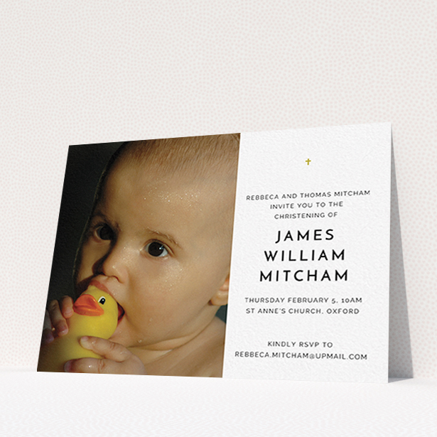 A christening invitation design named "Baby Cross". It is an A6 invite in a landscape orientation. It is a photographic christening invitation with room for 1 photo. "Baby Cross" is available as a flat invite, with tones of white and gold.