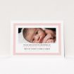 A christening invitation design titled "Big Pink". It is an A6 invite in a landscape orientation. It is a photographic christening invitation with room for 1 photo. "Big Pink" is available as a flat invite, with tones of pink and white.