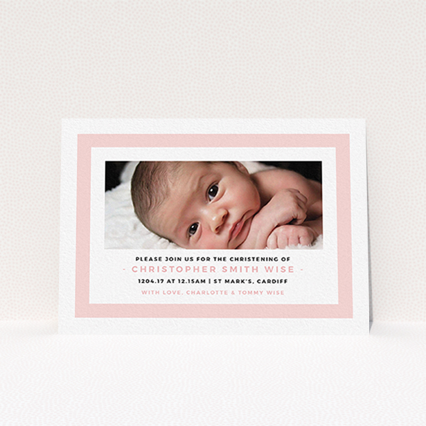A christening invitation design titled "Big Pink". It is an A6 invite in a landscape orientation. It is a photographic christening invitation with room for 1 photo. "Big Pink" is available as a flat invite, with tones of pink and white.