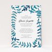 A christening invitation design called "Blue Branch Swirl". It is an A5 invite in a portrait orientation. "Blue Branch Swirl" is available as a flat invite, with tones of blue and white.