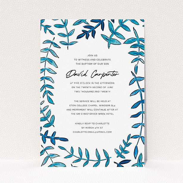 A christening invitation design called "Blue Branch Swirl". It is an A5 invite in a portrait orientation. "Blue Branch Swirl" is available as a flat invite, with tones of blue and white.