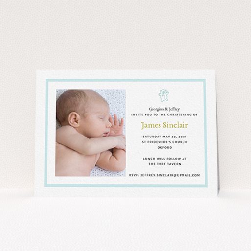 Christening Invitation Design - "Blue Teddy" A christening invitation named "Blue Teddy". It is an A6 invite in a landscape orientation. It is a photographic christening invitation with room for 1 photo. "Blue Teddy" is available as a flat invite, with tones of blue and white.