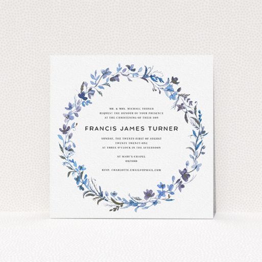 Christening Invitation Design - "Blue Wildflowers" A christening invitation design called "Blue Wildflowers". It is a square (148mm x 148mm) invite in a square orientation. "Blue Wildflowers" is available as a flat invite, with tones of light blue, purple and grey.