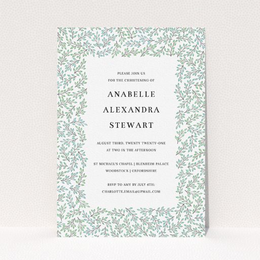 Christening Invitation Design - "Branching Out" A christening invitation design called "Branching Out". It is an A5 invite in a portrait orientation. "Branching Out" is available as a flat invite, with tones of blue and green.