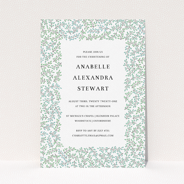 A christening invitation design called "Branching Out". It is an A5 invite in a portrait orientation. "Branching Out" is available as a flat invite, with tones of blue and green.