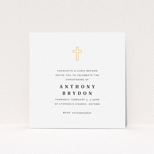 Christening Invitation Design - "Bright Yellow Cross" A christening invitation called "Bright Yellow Cross". It is a square (148mm x 148mm) invite in a square orientation. "Bright Yellow Cross" is available as a flat invite, with tones of white and yellow.