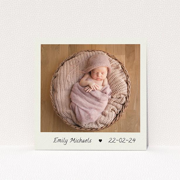 A christening invitation design named "By Hand". It is a square (148mm x 148mm) invite in a square orientation. It is a photographic christening invitation with room for 1 photo. "By Hand" is available as a flat invite, with mainly cream colouring.