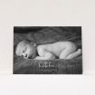 A christening invitation template titled "Central Script". It is an A5 invite in a landscape orientation. It is a photographic christening invitation with room for 1 photo. "Central Script" is available as a flat invite, with mainly white colouring.