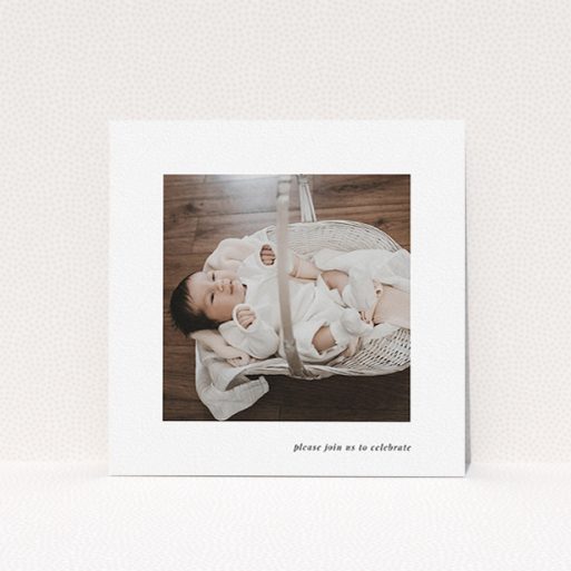 Christening Invitation Design - "Christening Message Serif" A christening invitation design titled "Christening Message Serif". It is a square (148mm x 148mm) invite in a square orientation. It is a photographic christening invitation with room for 1 photo. "Christening Message Serif" is available as a flat invite, with mainly white colouring.