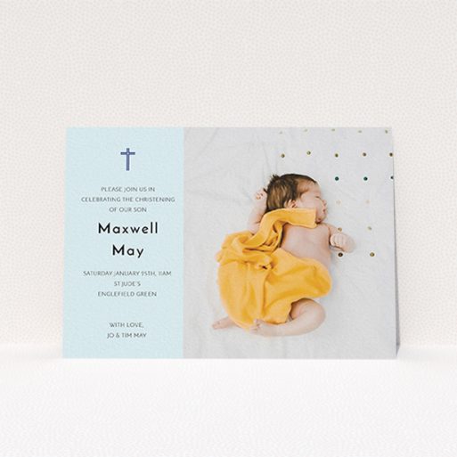 Christening Invitation Design - "Cross Photo" A christening invitation design called "Cross Photo". It is an A6 invite in a landscape orientation. It is a photographic christening invitation with room for 1 photo. "Cross Photo" is available as a flat invite, with mainly blue colouring.