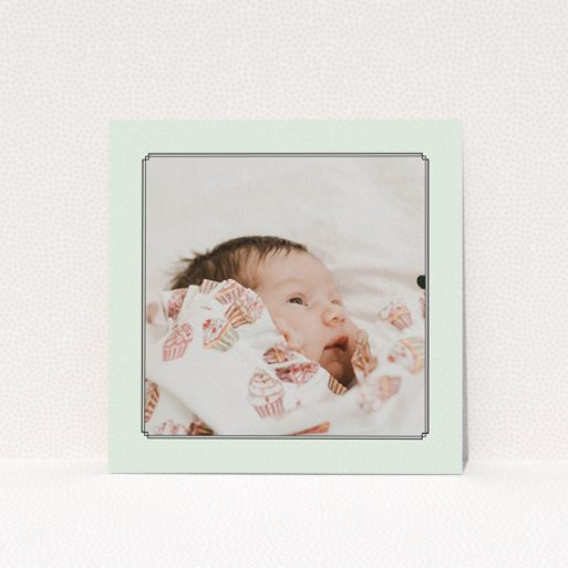 Christening Invitation Design - "Deco Mint Frame" A christening invitation design called "Deco Mint Frame". It is a square (148mm x 148mm) invite in a square orientation. It is a photographic christening invitation with room for 1 photo. "Deco Mint Frame" is available as a flat invite, with mainly green colouring.
