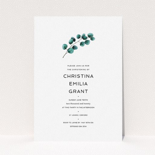 Christening Invitation Design - "Eucalyptus Sprig" A christening invitation template titled "Eucalyptus Sprig". It is an A5 invite in a portrait orientation. "Eucalyptus Sprig" is available as a flat invite, with tones of white and green.