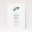 A christening invitation template titled "Eucalyptus Sprig". It is an A5 invite in a portrait orientation. "Eucalyptus Sprig" is available as a flat invite, with tones of white and green.