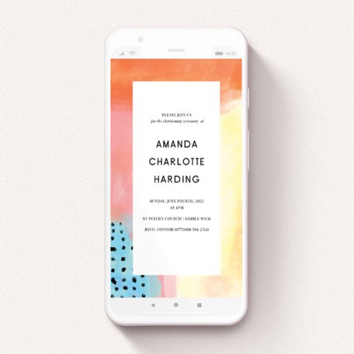 Christening Invitation For Whatsapp Design - "Abstract Pastels" A christening invitation for whatsapp design named "Abstract Pastels". It is a smartphone screen sized invite in a portrait orientation. "Abstract Pastels" is available as a flat invite, with tones of orange, red and yellow.