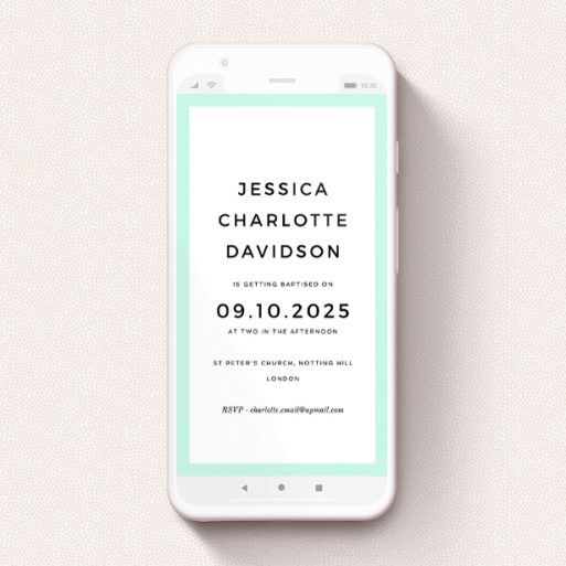 Christening Invitation For Whatsapp Design - "Blue Border" A christening invitation for whatsapp called "Blue Border". It is a smartphone screen sized invite in a portrait orientation. "Blue Border" is available as a flat invite, with tones of green and white.