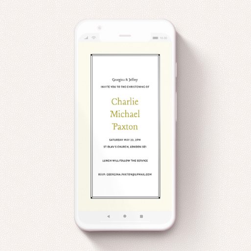 Christening Invitation For Whatsapp Design - "Deco Cream" A christening invitation for whatsapp design called "Deco Cream". It is a smartphone screen sized invite in a portrait orientation. "Deco Cream" is available as a flat invite, with mainly cream colouring.