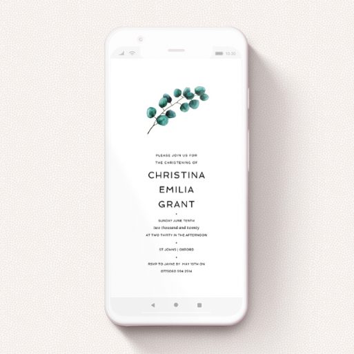 Christening Invitation For Whatsapp Design - "Eucalyptus Branch" A christening invitation for whatsapp design named "Eucalyptus Branch". It is a smartphone screen sized invite in a portrait orientation. "Eucalyptus Branch" is available as a flat invite, with tones of white and green.