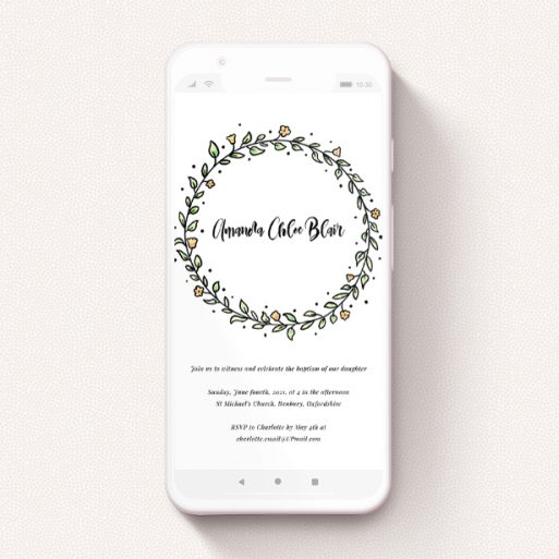 Christening Invitation For Whatsapp Design - "Modern Wreath" A christening invitation for whatsapp called "Modern Wreath". It is a smartphone screen sized invite in a portrait orientation. "Modern Wreath" is available as a flat invite, with tones of light green and orange.