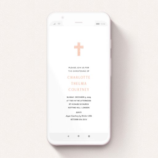 Christening Invitation For Whatsapp Design - "Peach Heart Cross" A christening invitation for whatsapp named "Peach Heart Cross". It is a smartphone screen sized invite in a portrait orientation. "Peach Heart Cross" is available as a flat invite, with tones of white and pink.