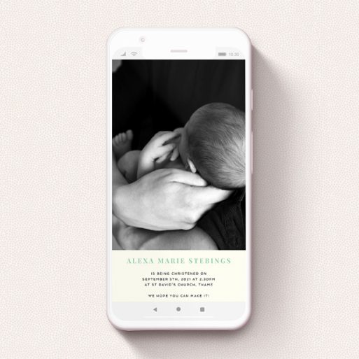 Christening Invitation For Whatsapp Design - "Simple Portrait" A christening invitation for whatsapp called "Simple Portrait". It is a smartphone screen sized invite in a portrait orientation. It is a photographic christening invitation for whatsapp with room for 1 photo. "Simple Portrait" is available as a flat invite, with mainly white colouring.