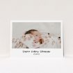 A christening invitation design named "Handwritten Photo". It is an A5 invite in a landscape orientation. It is a photographic christening invitation with room for 1 photo. "Handwritten Photo" is available as a flat invite, with mainly white colouring.