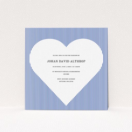 Christening Invitation Design - "Line Heart" A christening invitation template titled "Line Heart". It is a square (148mm x 148mm) invite in a square orientation. "Line Heart" is available as a flat invite, with tones of blue and white.