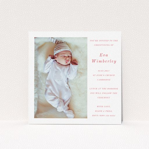 Christening Invitation Design - "Message of Love" A christening invitation template titled "Message of Love". It is a square (148mm x 148mm) invite in a square orientation. It is a photographic christening invitation with room for 1 photo. "Message of Love" is available as a flat invite, with tones of white and red.