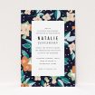 A christening invitation design titled "Midnight Garden". It is an A5 invite in a portrait orientation. "Midnight Garden" is available as a flat invite, with tones of navy blue, pink and orange.