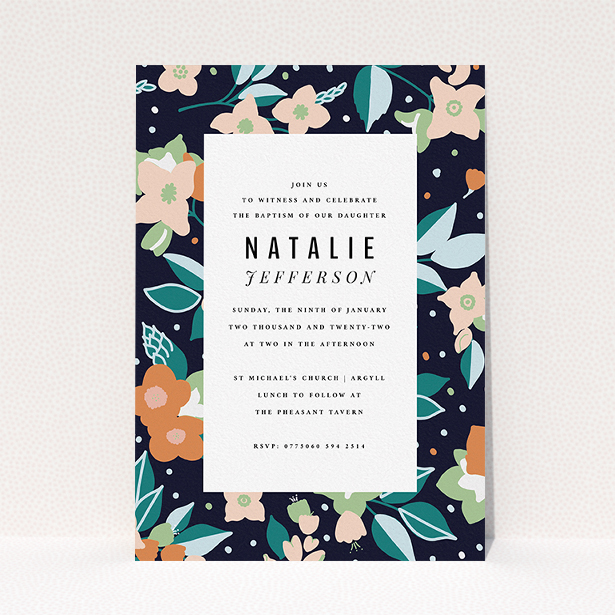 A christening invitation design titled "Midnight Garden". It is an A5 invite in a portrait orientation. "Midnight Garden" is available as a flat invite, with tones of navy blue, pink and orange.