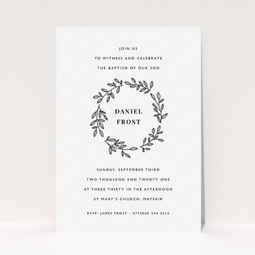 Christening Invitation Design - "Monochrome Wreath" A christening invitation called "Monochrome Wreath". It is an A5 invite in a portrait orientation. "Monochrome Wreath" is available as a flat invite, with tones of black and white.